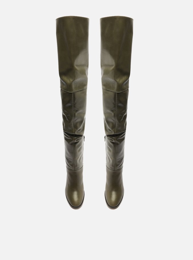Bota Over The Knee Verde Couro Salto Fino