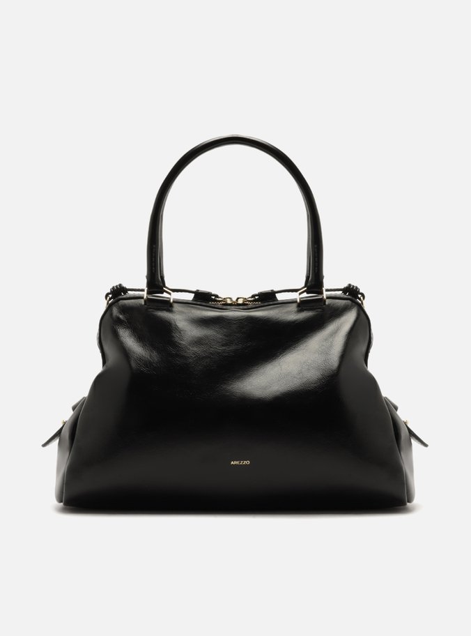 Bolsa Tote Preta Couro Grande Metais