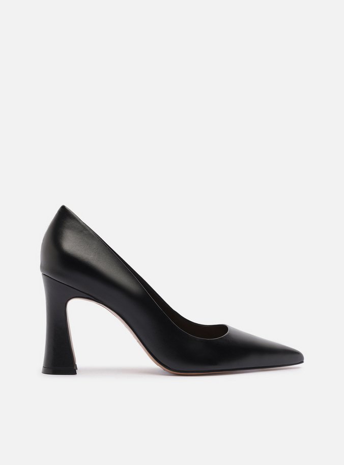 Scarpin Preto Couro Salto Alto Bloco Flare