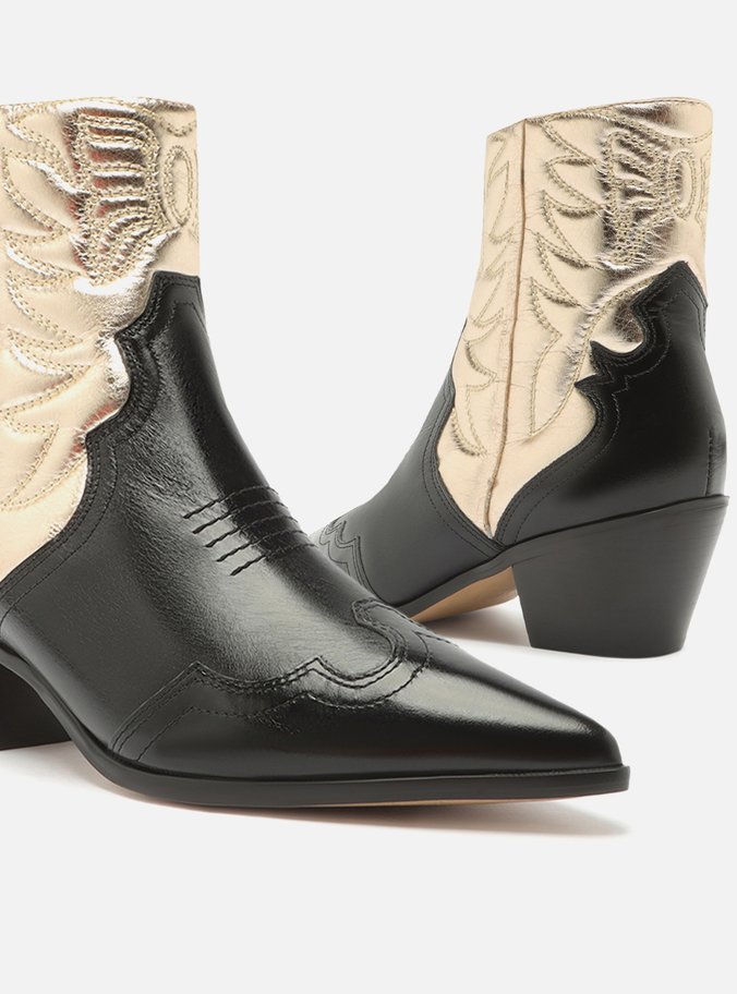 Bota Preta Couro Cano Curto Western Dourada
