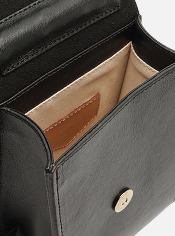 Mini Bag Preta Couro Porta-Celular Metal Flor