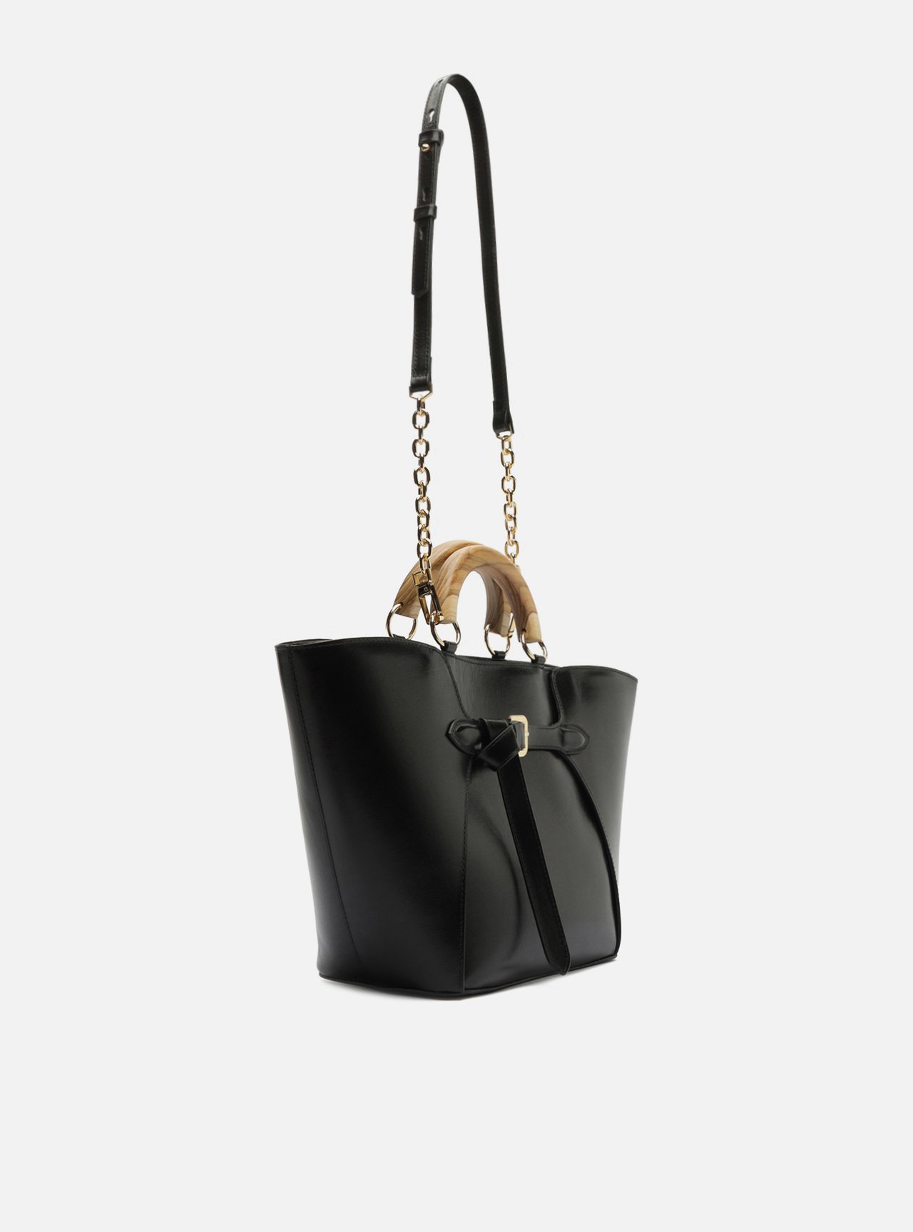 Bolsa Tote Preta Couro Grande Alça Madeira — foto 5