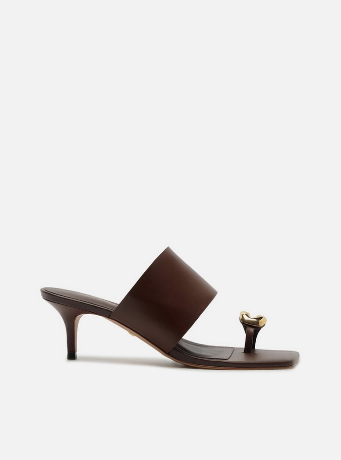 Sandália Marrom Escuro Couro Salto Fino Metal Bold
