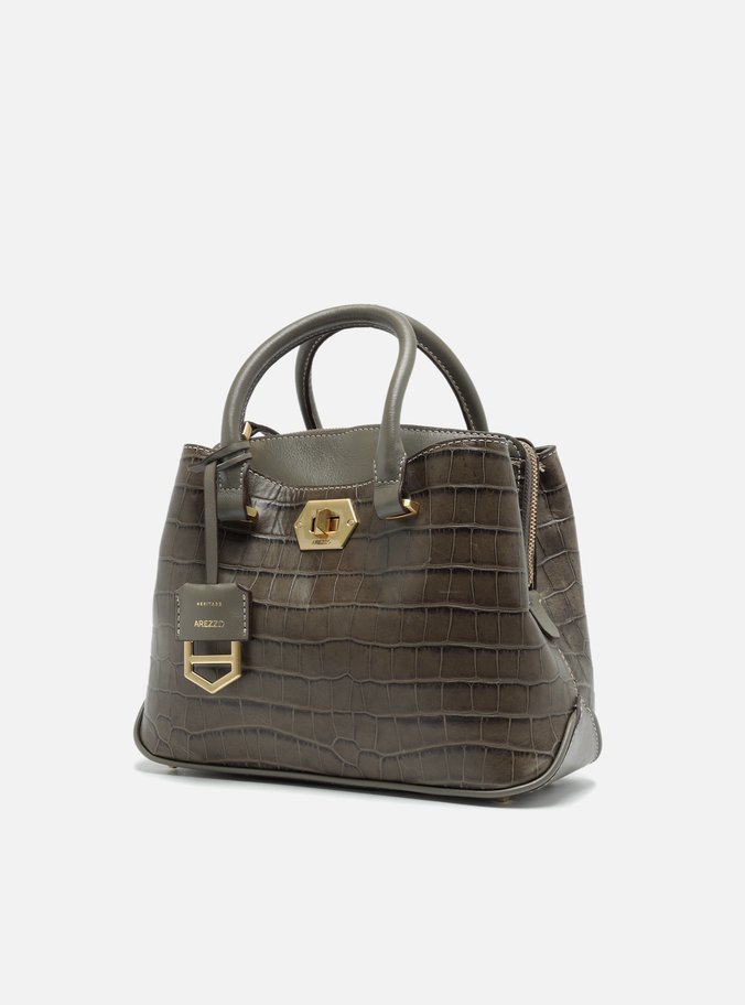 Bolsa Tote Cinza Couro Média Croco Charm