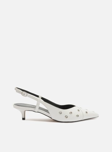 Scarpin Branco Couro Bico Fino Slingback Ilhós