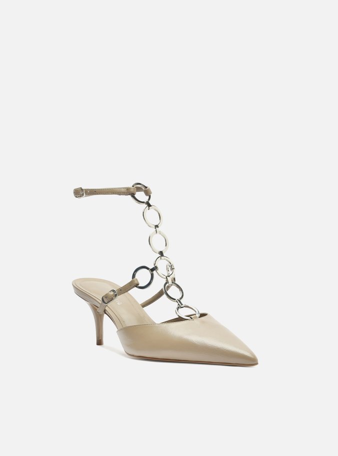 Scarpin Cinza Couro Salto Fino Metais TIG