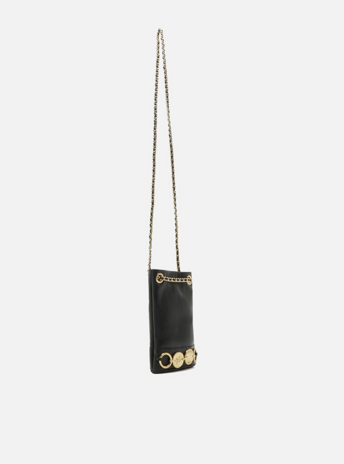 Bolsa Tiracolo Preta Couro Pequena Metais