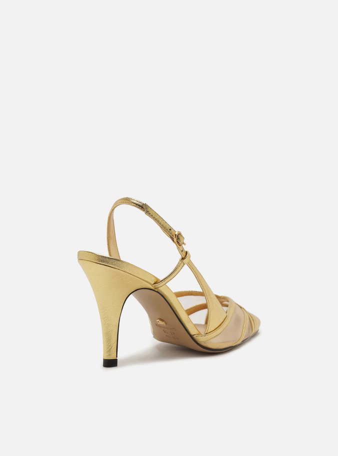 Scarpin Dourado Couro Tela Salto Médio Fivela