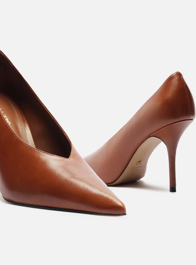 Scarpin Caramelo Couro Salto Alto Fino Modern