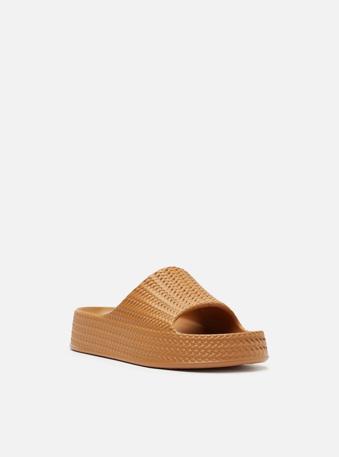 Slide Marrom Camel Tressê Flatform Tira
