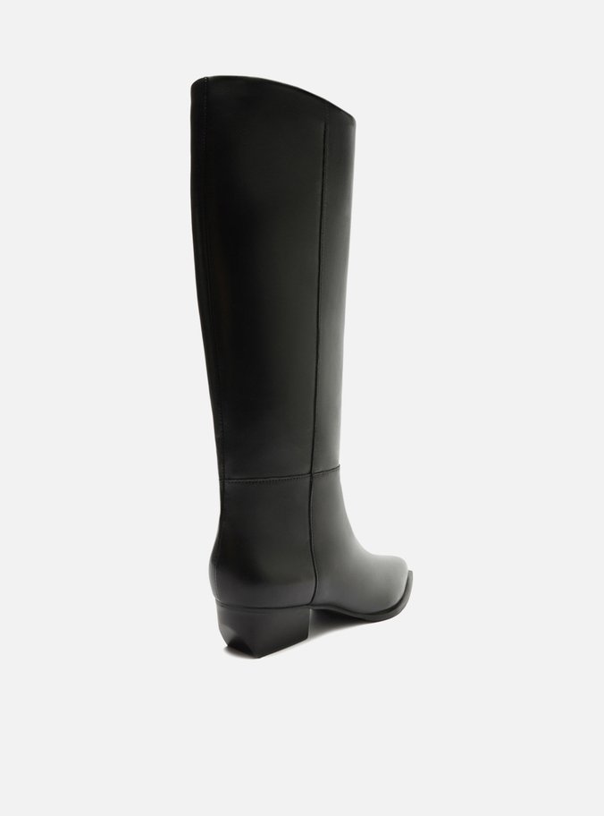Bota Preta Couro Cano Longo Salto Bloco