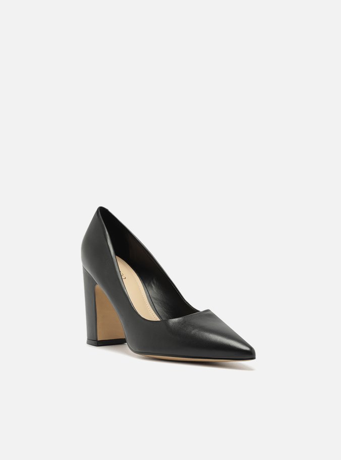 Scarpin Preto Couro Salto Alto Bloco City