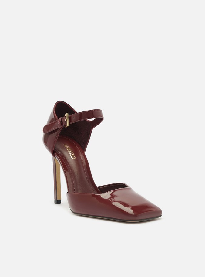 Scarpin Vinho Verniz Salto Alto Bico Quadrado