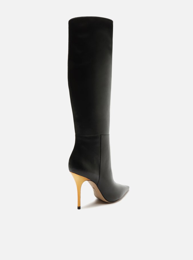 Bota Preta Couro Cano Longo Salto Alto Dourado