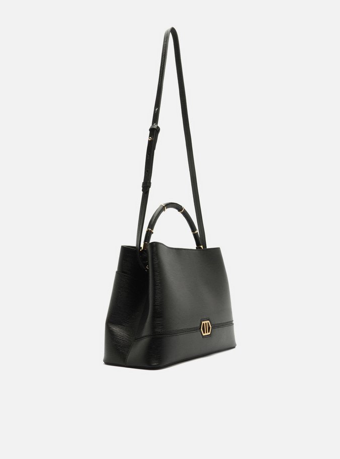 Bolsa Tote Preta Couro Grande Anéis