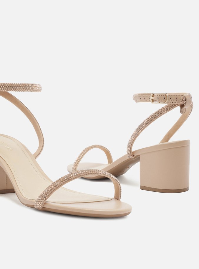 Sandália Nude Strass Salto Bloco Minimal