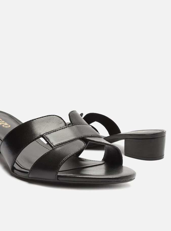 Mule Preto Couro Salto Bloco