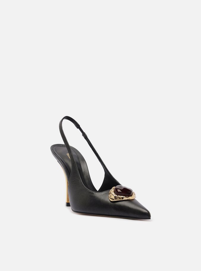 Scarpin Preto Couro Salto Alto Slingback Pedraria