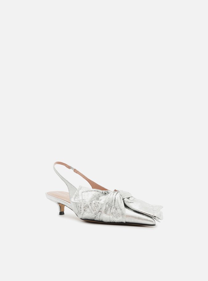 Scarpin Prata Couro Laço Nó Slingback