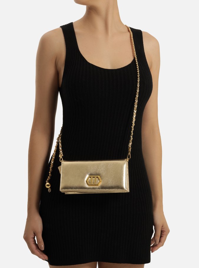 Clutch Dourada Couro Pequena Metal