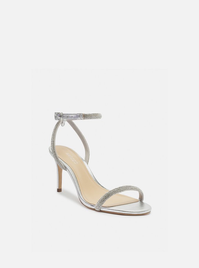 Sandália Prateada Strass Salto Fino Minimal