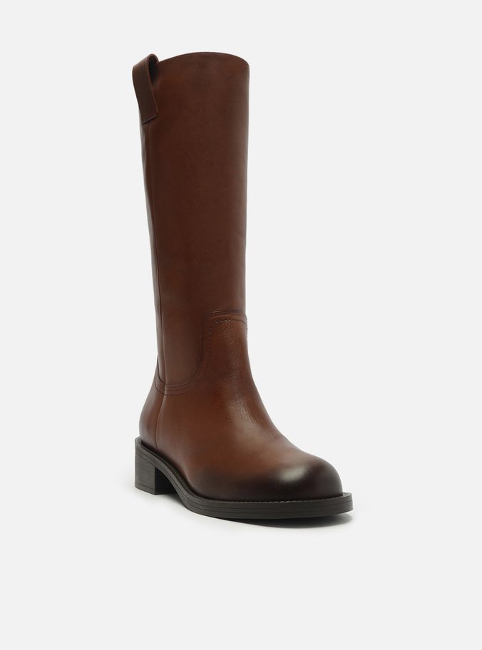 Bota Marrom Couro Cano Longo Salto Bloco Tiras