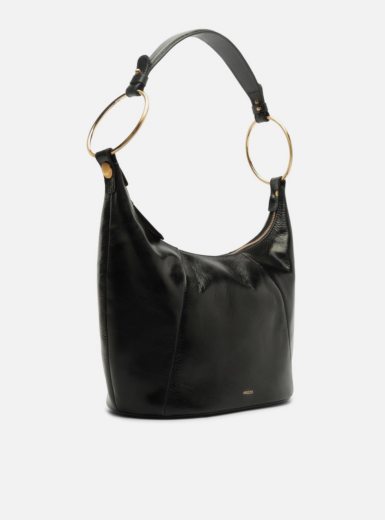 Bolsa Shoulder Preta Couro Média Argolas Alça — foto 5