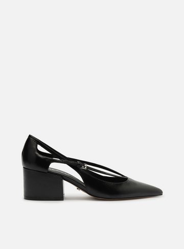 Scarpin Preto Couro Bloco Semi Aberto Tiras
