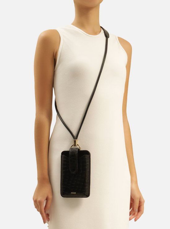 Mini Bolsa Tiracolo Preta Couro Porta-Celular