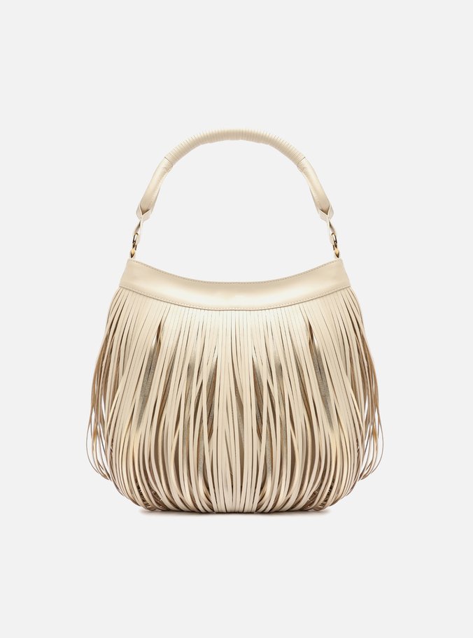 Bolsa Hobo Off-White Couro Média Franjas Metalizada