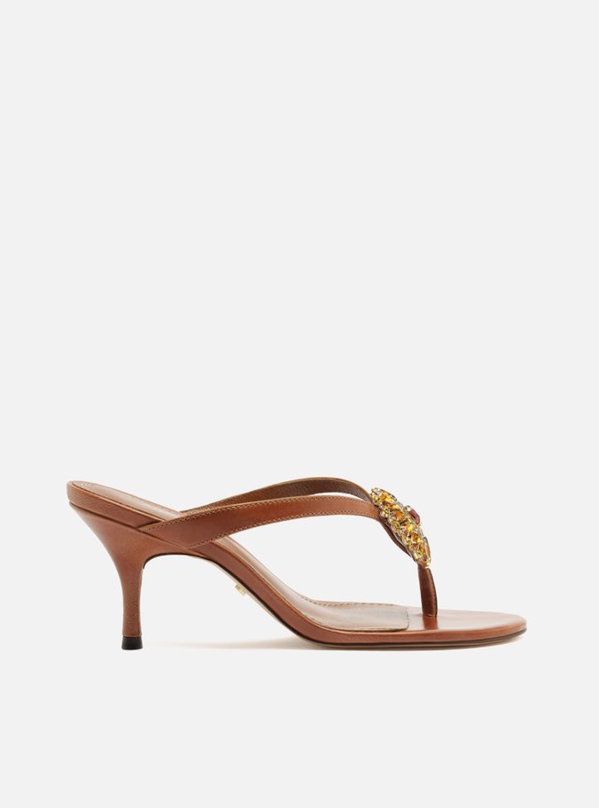 Tamanco Marrom Couro Flip Flop Pedraria