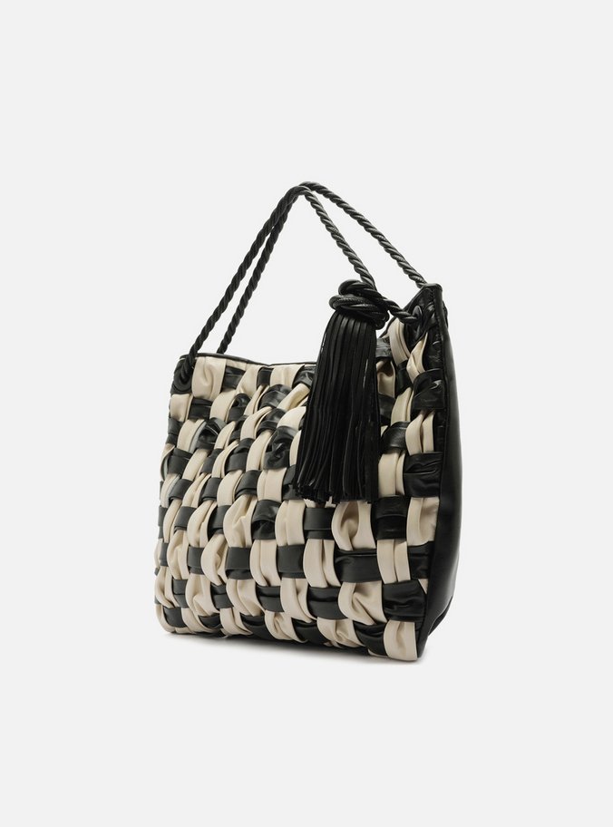 Bolsa Hobo Preta Couro Grande Tressê Bicolor