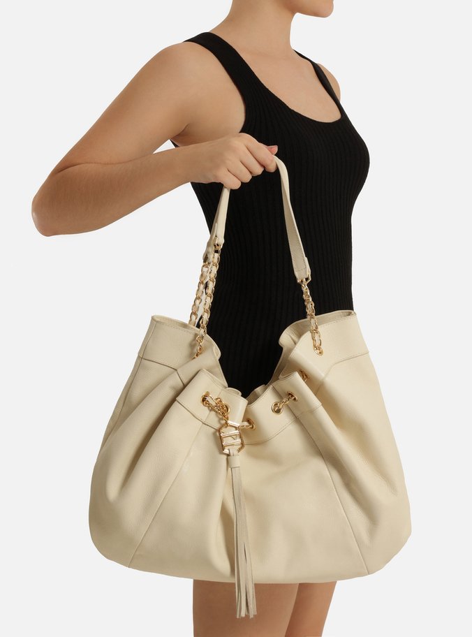 Bolsa Shopping Branca Couro Grande Franzido