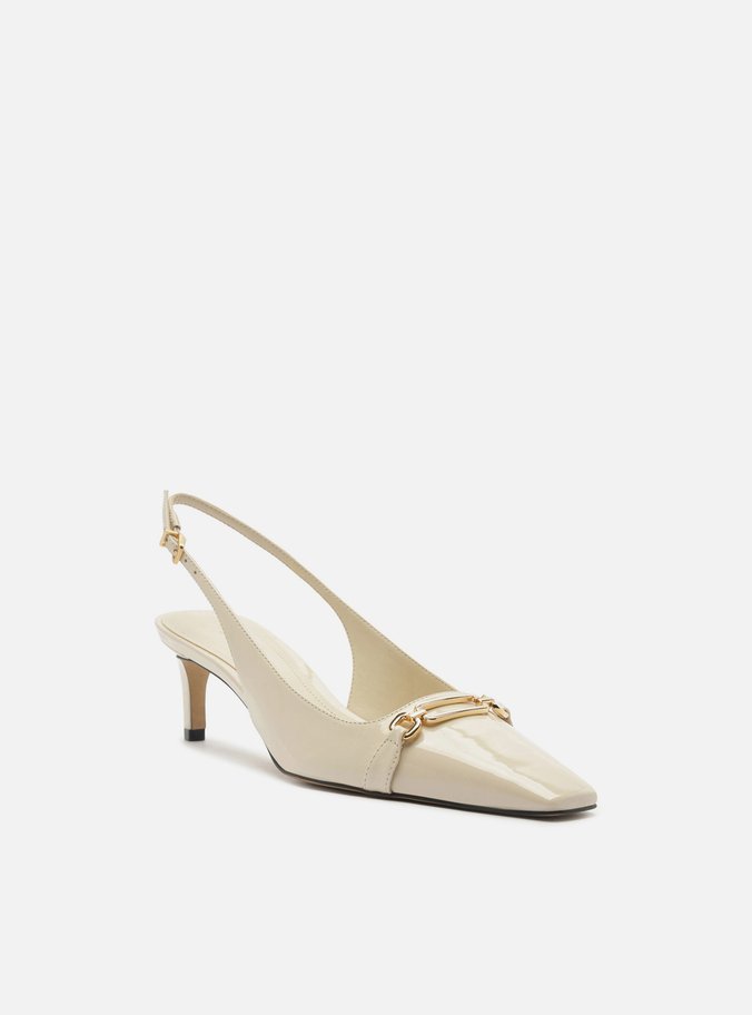 Scarpin Branco Verniz Salto Baixo Slingback Metal