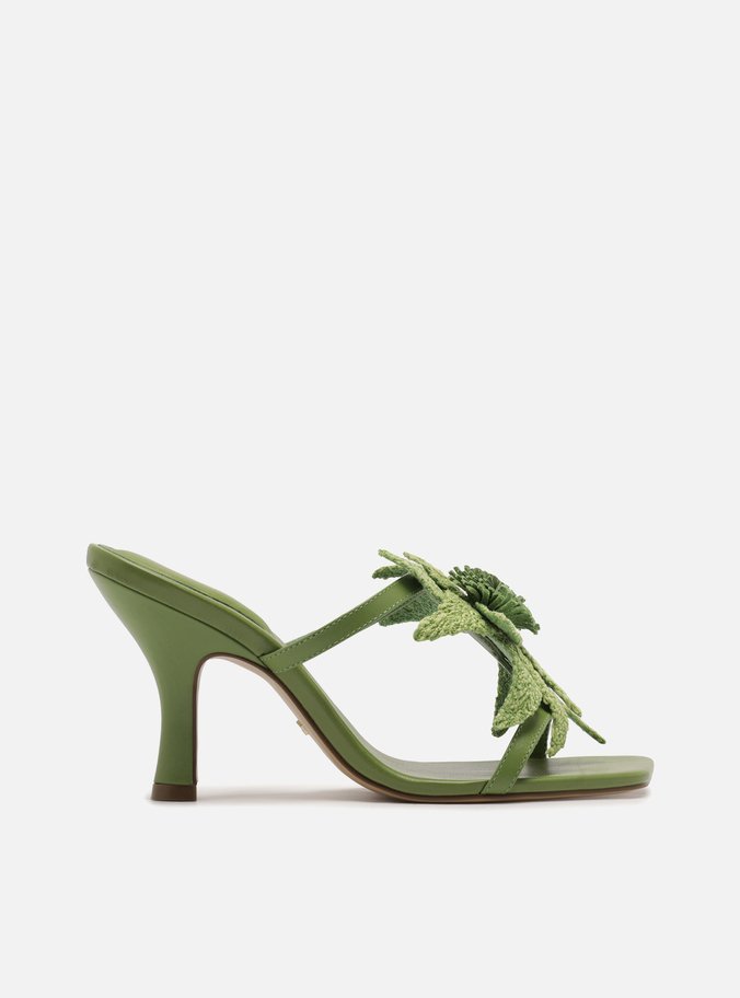 Sandália Verde Couro Salto Fino Flor
