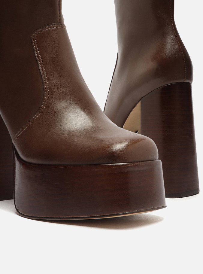 Bota Marrom Couro Salto Bloco Plataforma