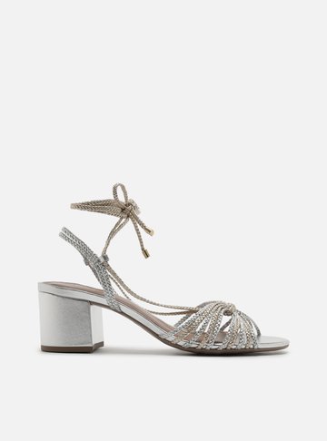 Sandália Prata Bloco Tiras Trançadas Amarração