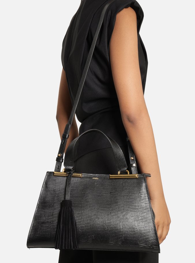 Bolsa Tote Preta Couro Média Croco Franja