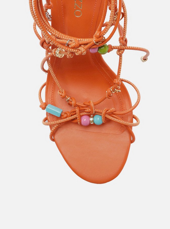 Sandália Laranja Salto Fino Amarração Beads