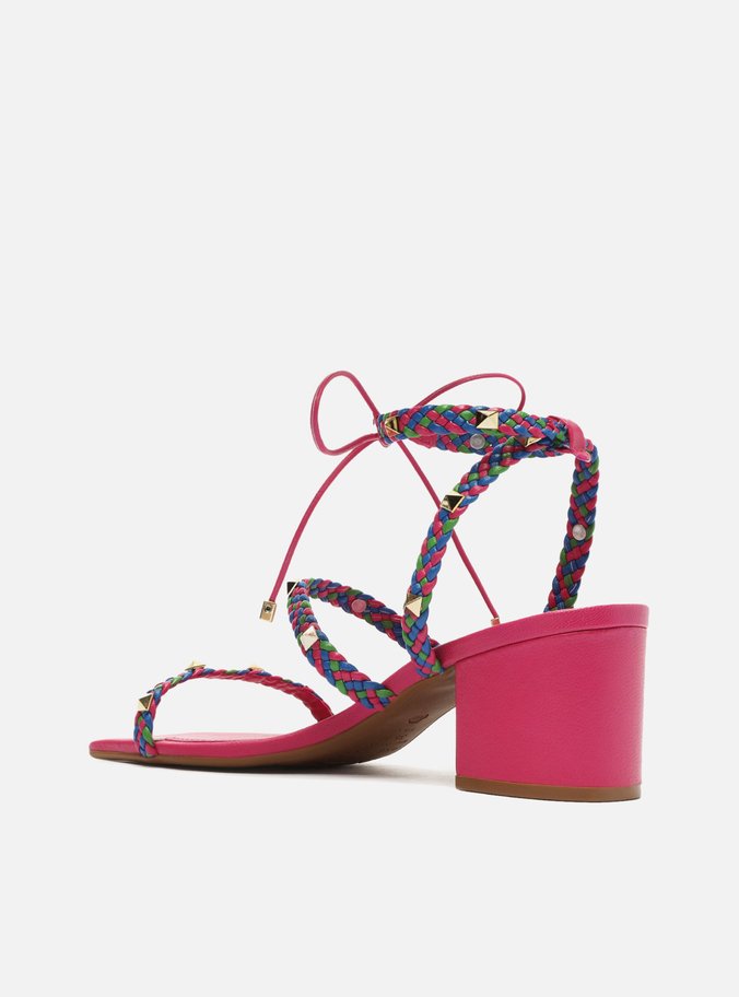 Sandália Rosa Salto Bloco Trançada Spikes