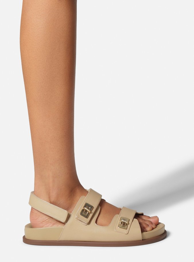 Sandália Papete Nude Couro Flatform Metais