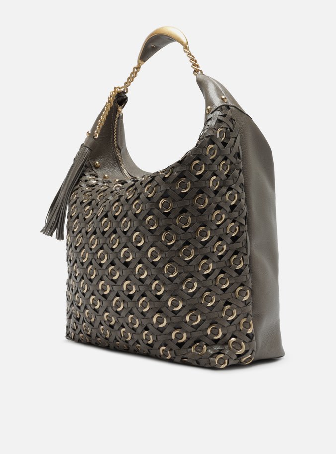 Bolsa Hobo Cinza Couro Tressê Metais Grande