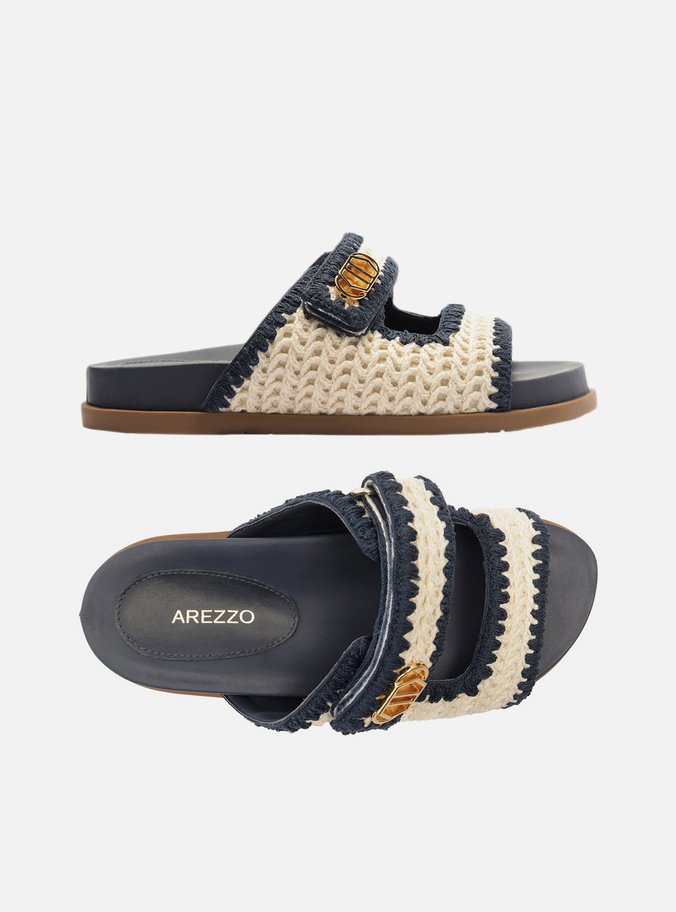 Sandália Papete Azul Crochê Cru Velcro