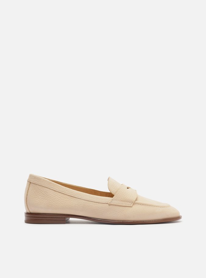 Mocassim Bege Creme Couro Bico Redondo Tira