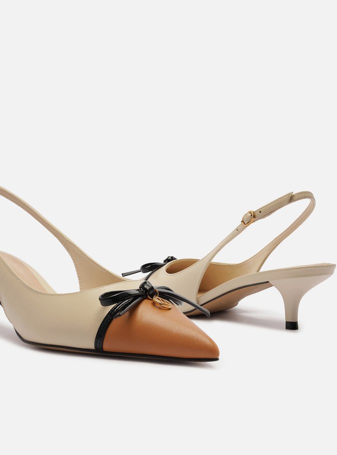 Scarpin Branco Couro Salto Baixo Slingback Laço