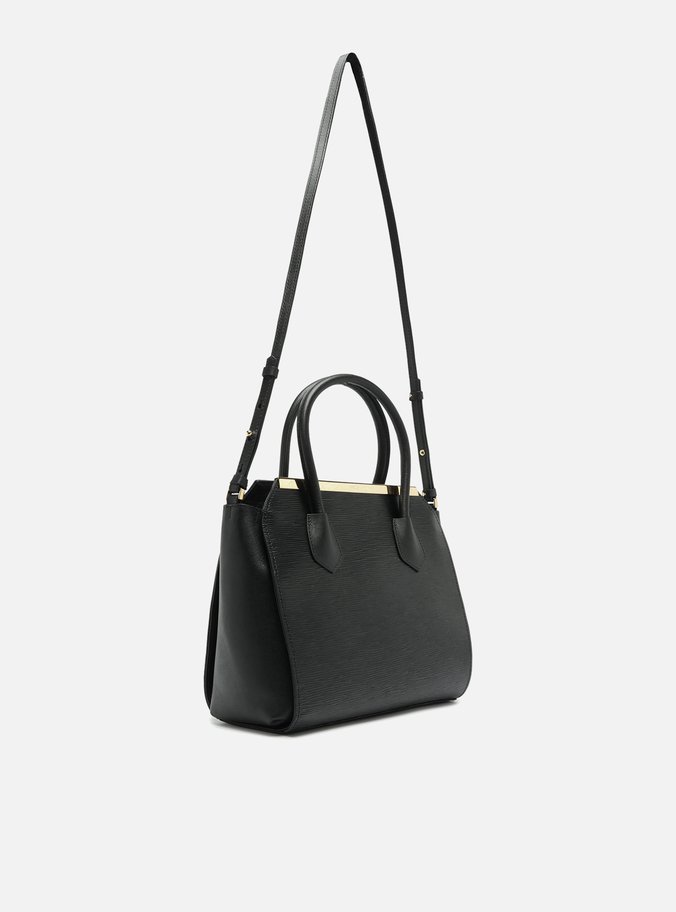 Bolsa Tote Preta Couro Textura Grande Metal