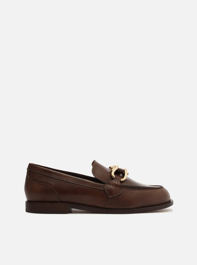 Mocassim Marrom Couro Bico Redondo Metal