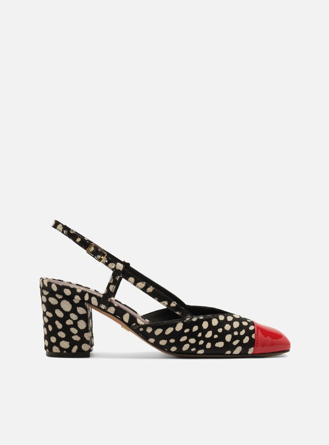 Scarpin Multicolorida Bico Redondo Pelo Slingback Cap Toe Vermelho