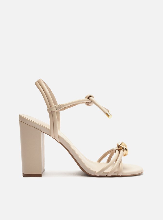 Sandália Branca Couro Salto Alto Tiras Metal