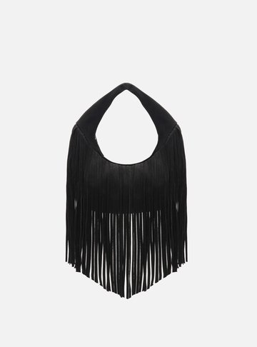 Bolsa Hobo Preta Suede Pequena Franjas TIG